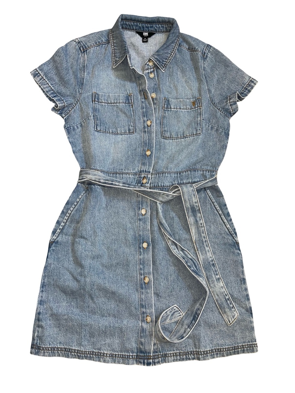 Frye Belted Denim Mini Dress - Short Sleeve Button Down size S - Picture 2 of 6
